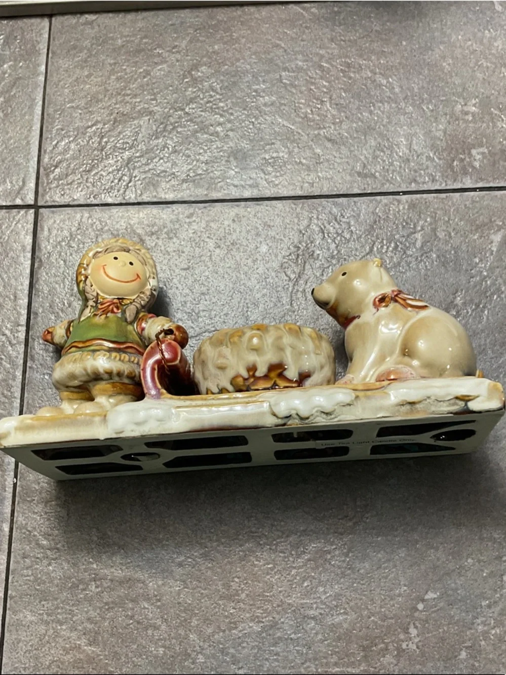 Ceramic Girl & Dog Candle Holder - Green, Red, Cream